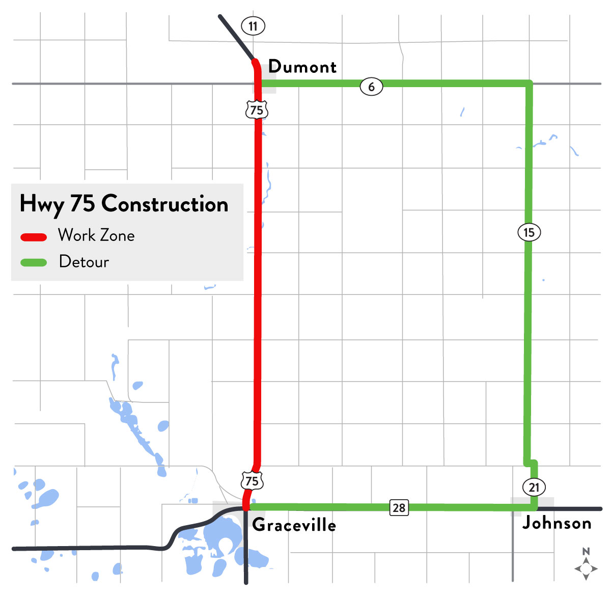 Map of Hwy 75 work zone from Graceville to Dumont